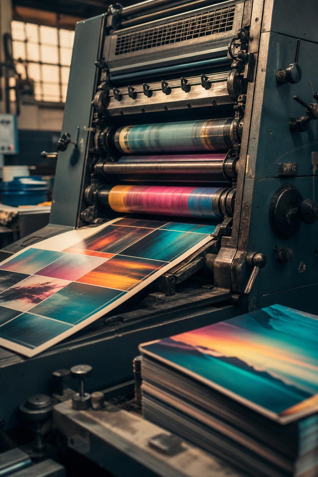 Impressão offset com folhas CMYK saindo dos rolos